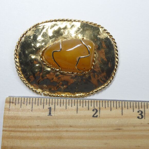 Gold Statement Brooch Pendant Agate Amber Stone Center Signed Barmell Large Pin - Picture 12 of 14